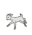 A cartoon white goat with gray horns and tail on a red background
