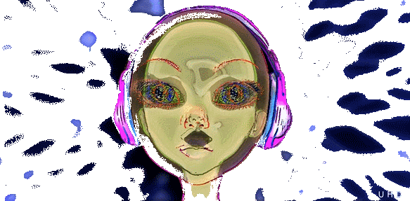 Digital art of a woman's face with headphones, colorful and abstract background.