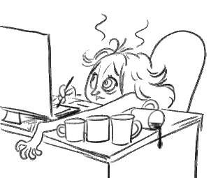 Person sitting at a desk with a computer, looking exhausted with steam coming from their head, surrounded by five coffee mugs.