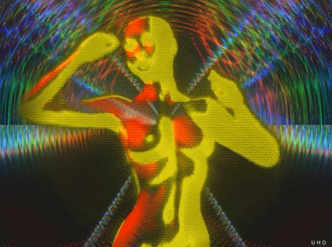 A digitally manipulated image of a woman sipping from a straw, with colorful, abstract light effects surrounding her.