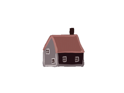 Animated GIF of a small house with a gray side, brown roof, three windows, and a black door, on a brown background.