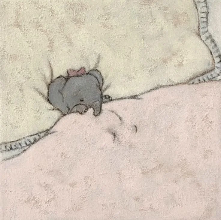 Cute illustration of a small gray mouse with a pink bow sleeping under a blanket on a bed.