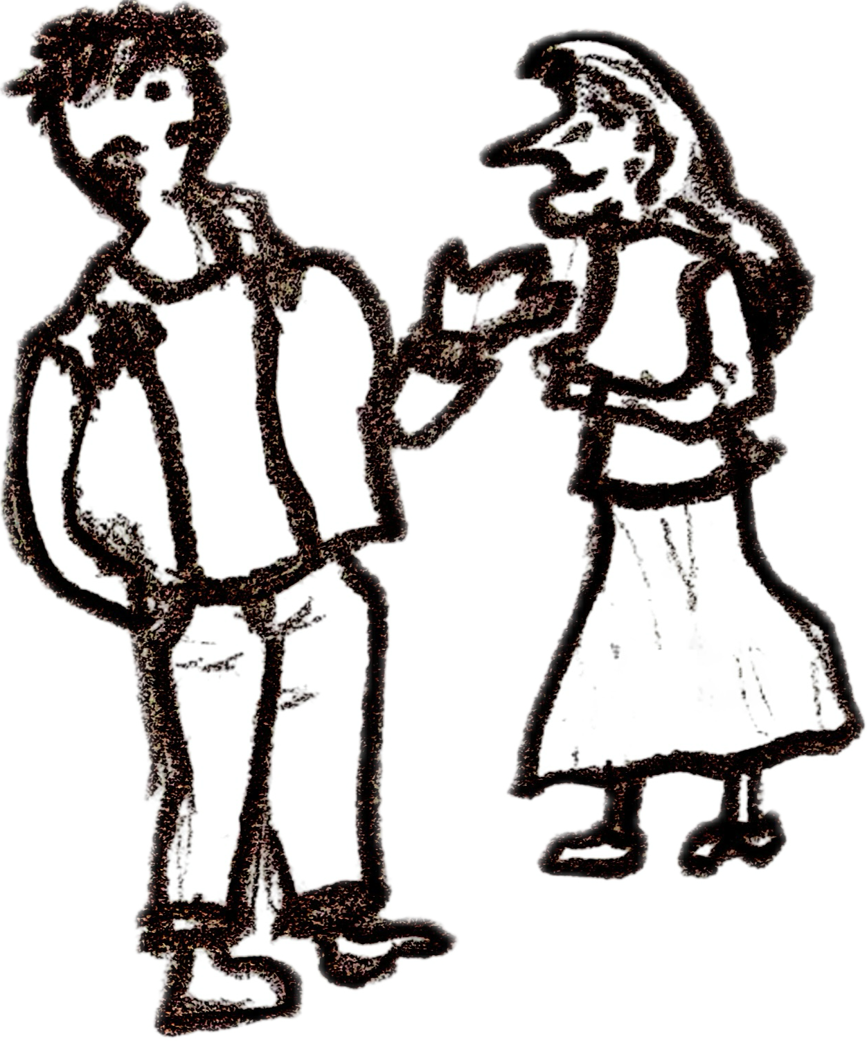 A rough sketch of a man and a woman, with the man holding a microphone near his mouth and the woman standing with her hands on her hips, both depicted using thick, dark lines.