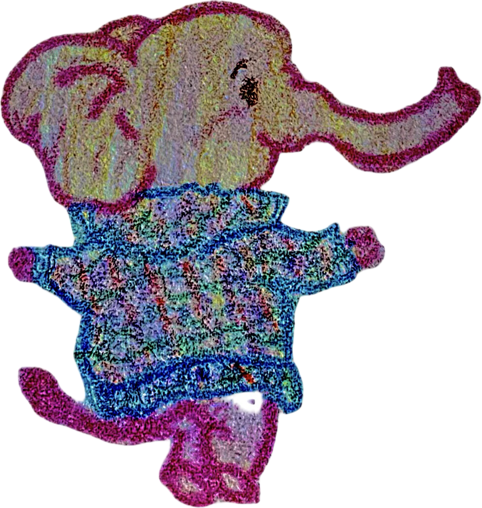 Colorful illustration of an elephant with a large head and trunk, wearing a blue collar, and standing on a pink base.