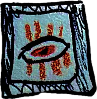 Colorful abstract drawing featuring an eye with orange accents and a textured blue background.