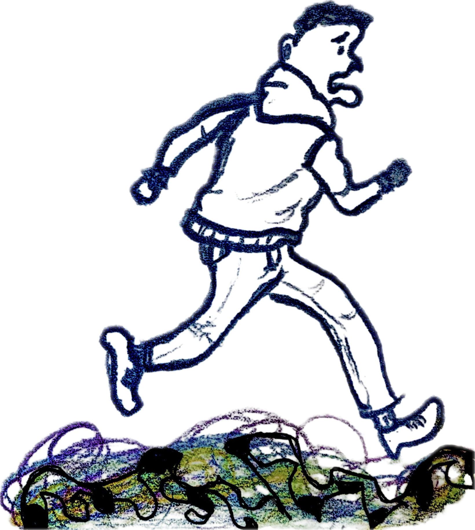 Childlike drawing of child riding a dinosaur or dragon on a hill with colorful vegetation, blue sky, and possibly a rainbow in the background.