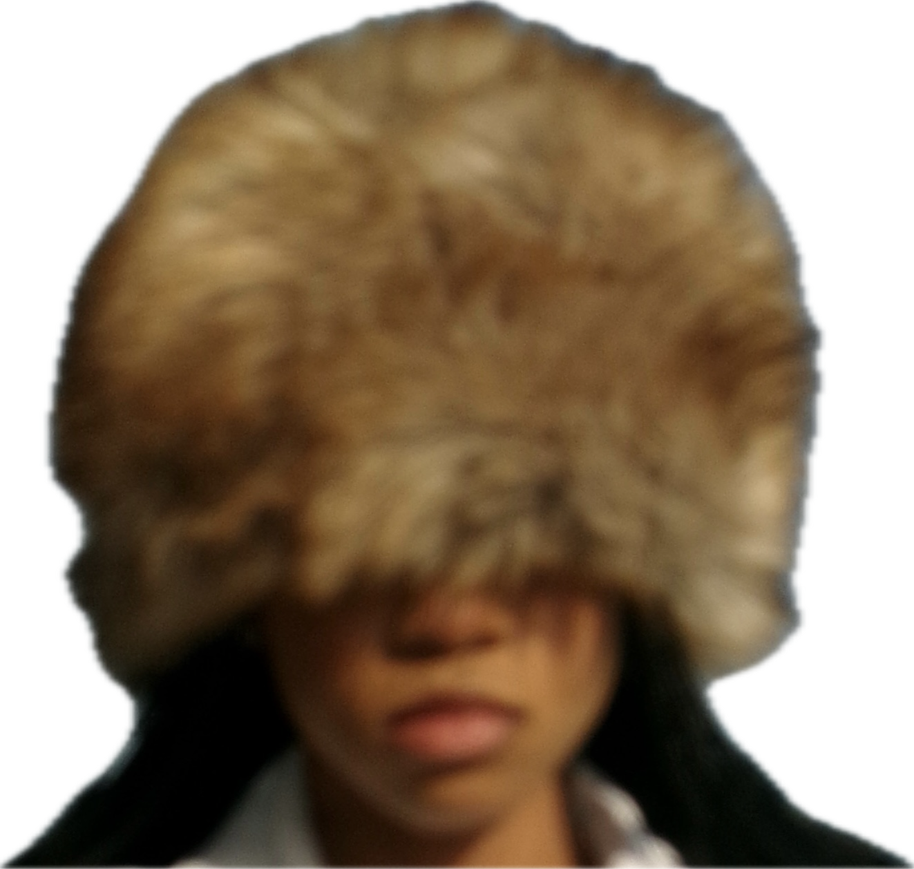Person wearing a large, fluffy fur hat covering most of their face and head.