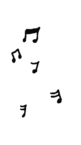 Musical notes singing and dancing in a lively, animated scene