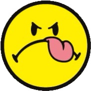 Yellow emoji face with furrowed eyebrows and sticking out tongue.