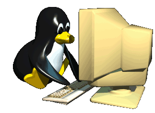 Penguin cartoon character using a computer with a beige monitor and keyboard.