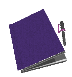A purple notebook, a black and pink pen, and a partially visible gray laptop or keyboard.