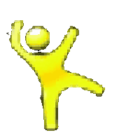 Yellow cartoon figure jumping with a raised arm on a yellow background.
