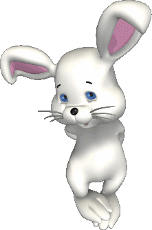 Cartoon white bunny with blue eyes, pink inside ears, standing with arms crossed, smiling.