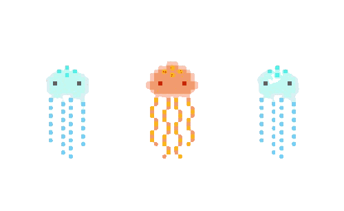 Pixel art of three jellyfish with blue and yellow tentacles on an orange background.