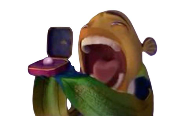 A cartoon character with a large open mouth, holding an open box with a small white object inside, and a large green leaf in front.