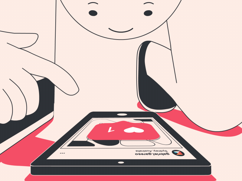 Person using a smartphone to view a social media application with a heart icon and like count.