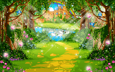 A magical, lush forest path leading to a castle in the distance, with a pond and white swans, surrounded by colorful flowers, butterflies, and sparkling lights.