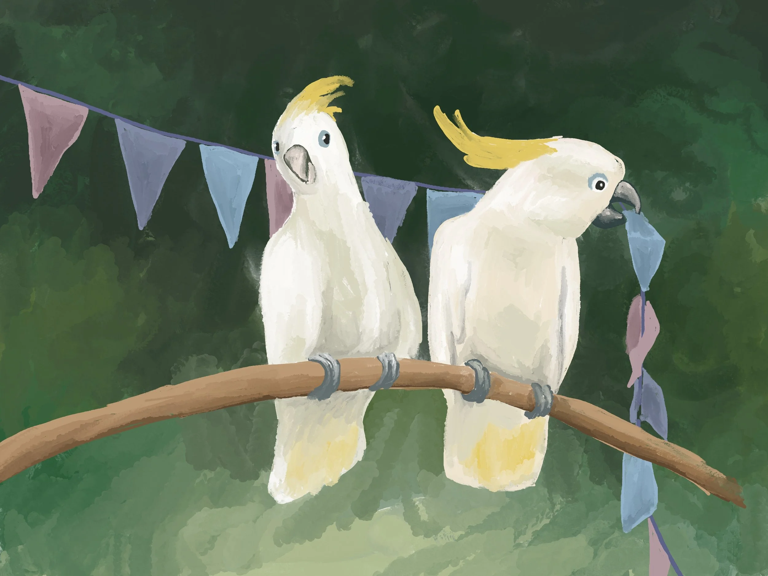 cockatoos with bunting