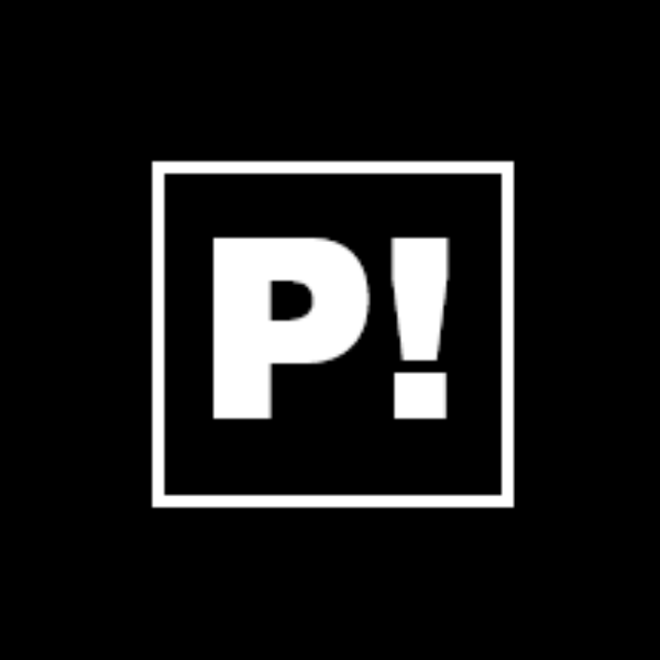 A black background with a white square border containing a large letter 'P' and an exclamation mark.