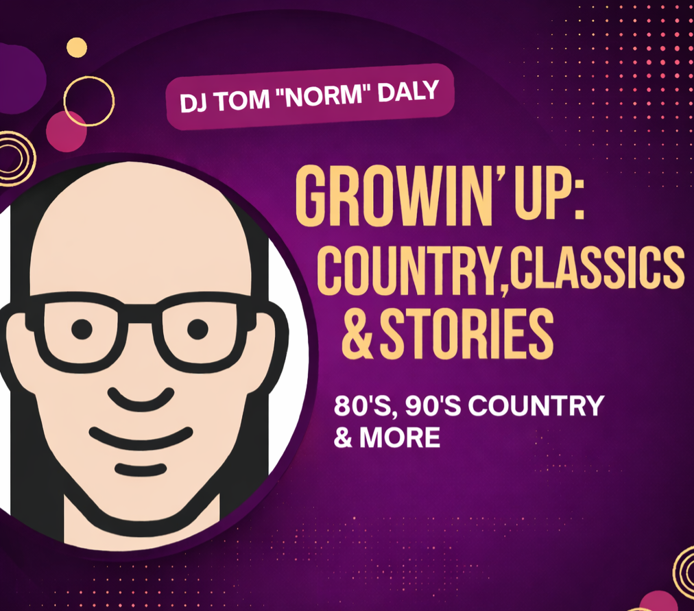 Promotional graphic for a music event featuring DJ Tom 'Norm' Daly, focusing on country classics and stories from the 80s and 90s.