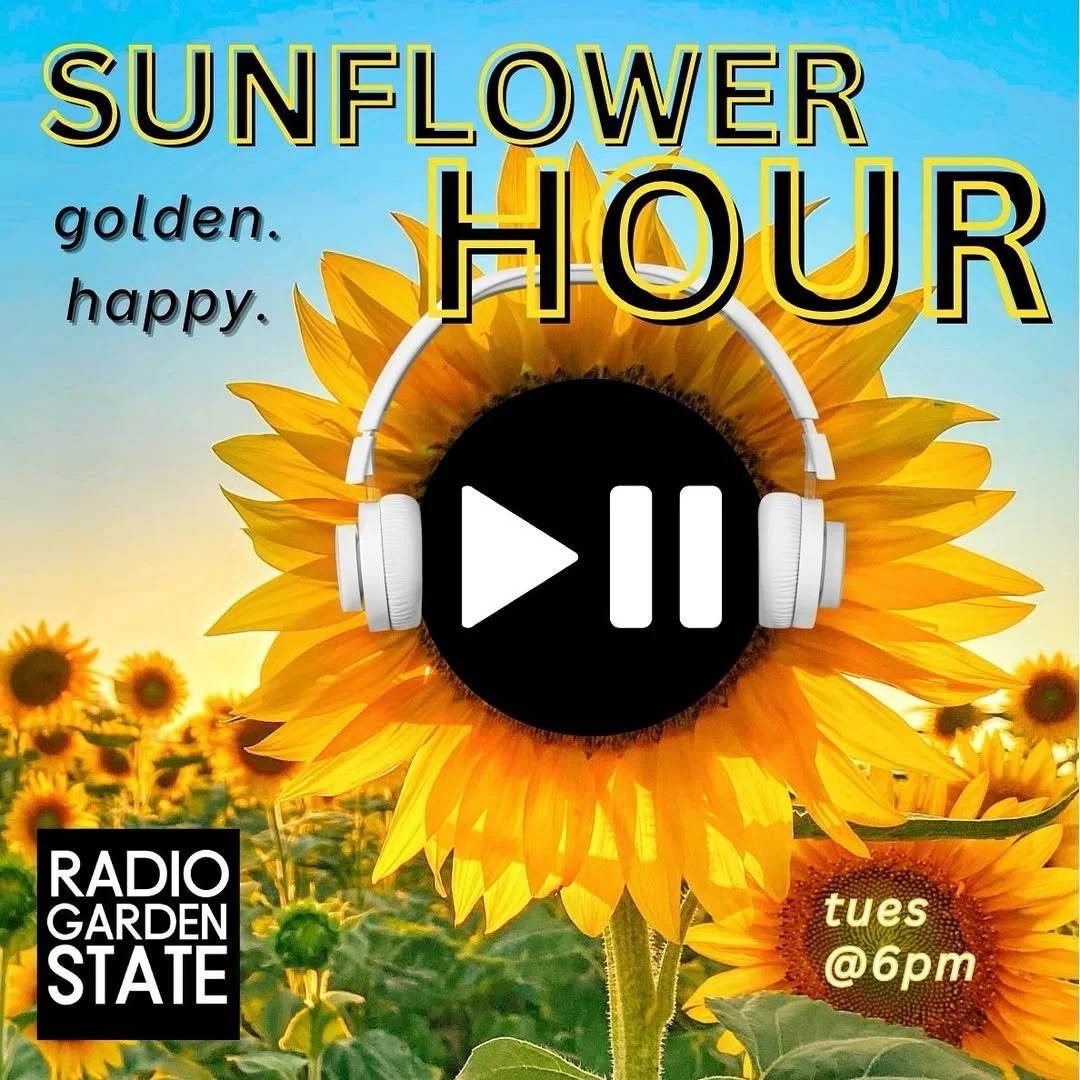 Sunflower with headphones in front of a field of sunflowers, advertising a radio show called Sunflower Hour, airing Tuesdays at 6 pm, described as golden and happy.