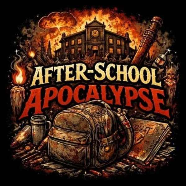 A dark, apocalyptic scene with a school building in the background, fires, and explosions. Foreground includes a backpack, notebook, flashlight, and various bottles. The text reads "After-School 4 Apocalypse" in bold, distressed font.