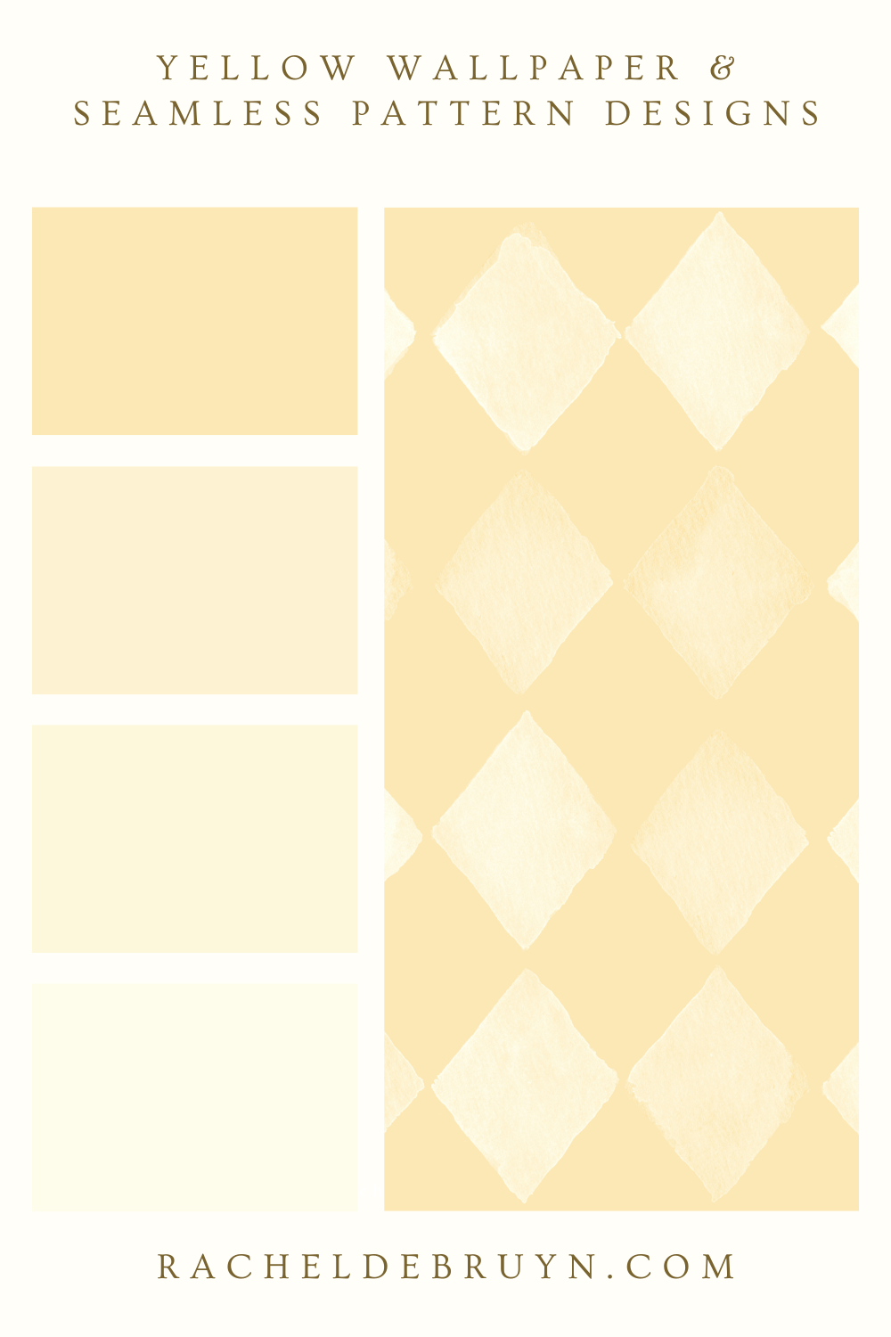 Yellow wallpaper and seamless pattern designs displayed as a set, with a title and website URL at the bottom.