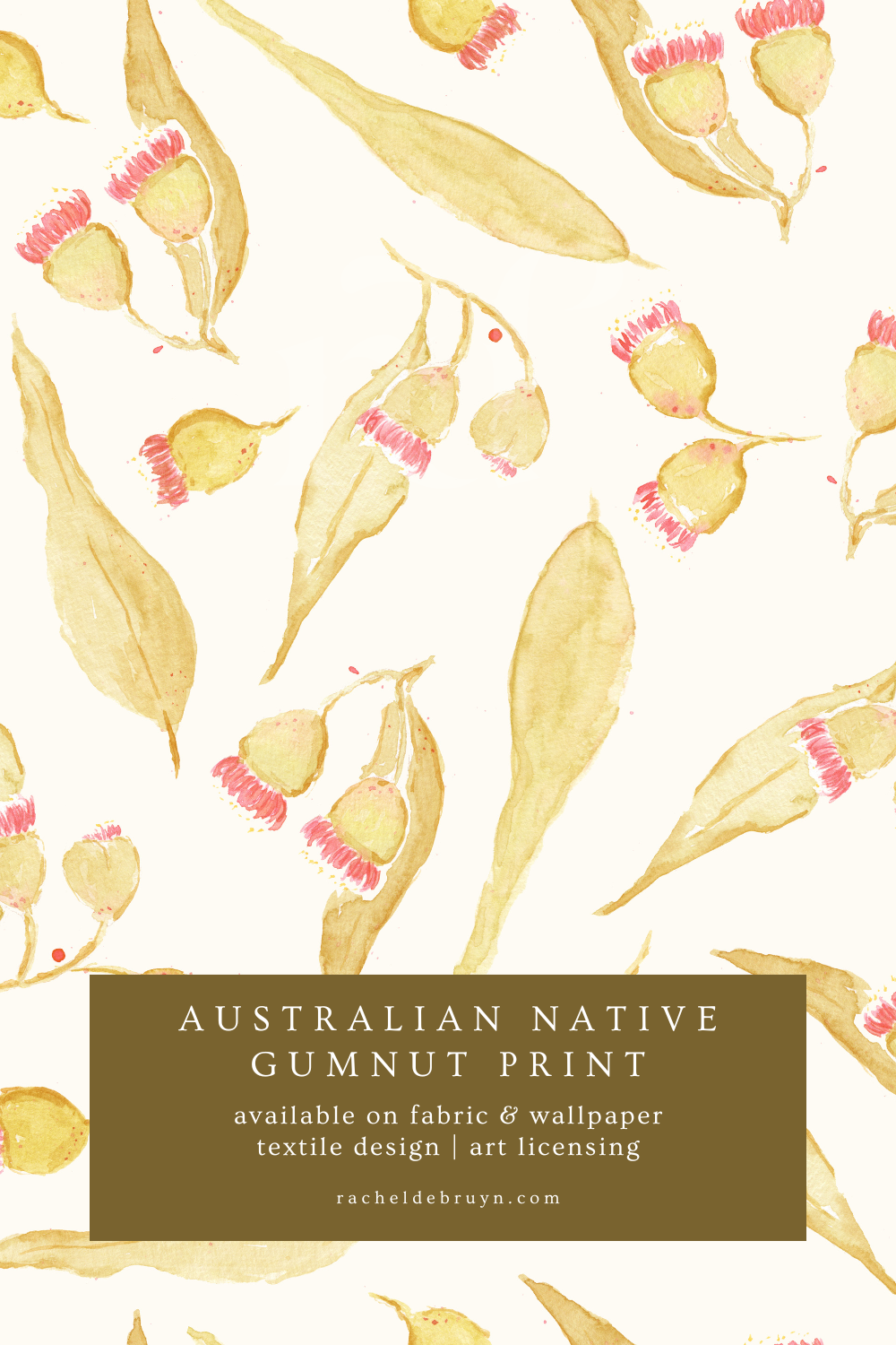 A soft watercolour Australian native gumnut floral pattern for fabric, wallpaper, stationery, packaging, kids’ products, home décor, branding, and art licensing