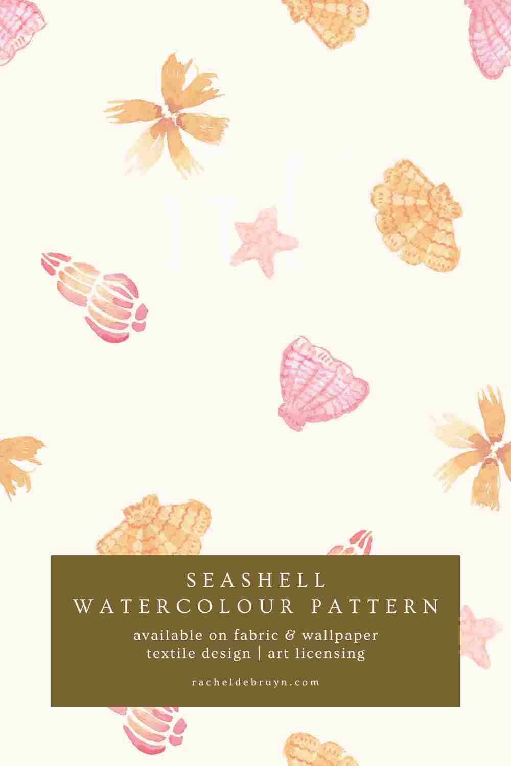 Watercolour seashell pattern in light coral and apricot tones on a pale neutral background, seamless coastal repeat
