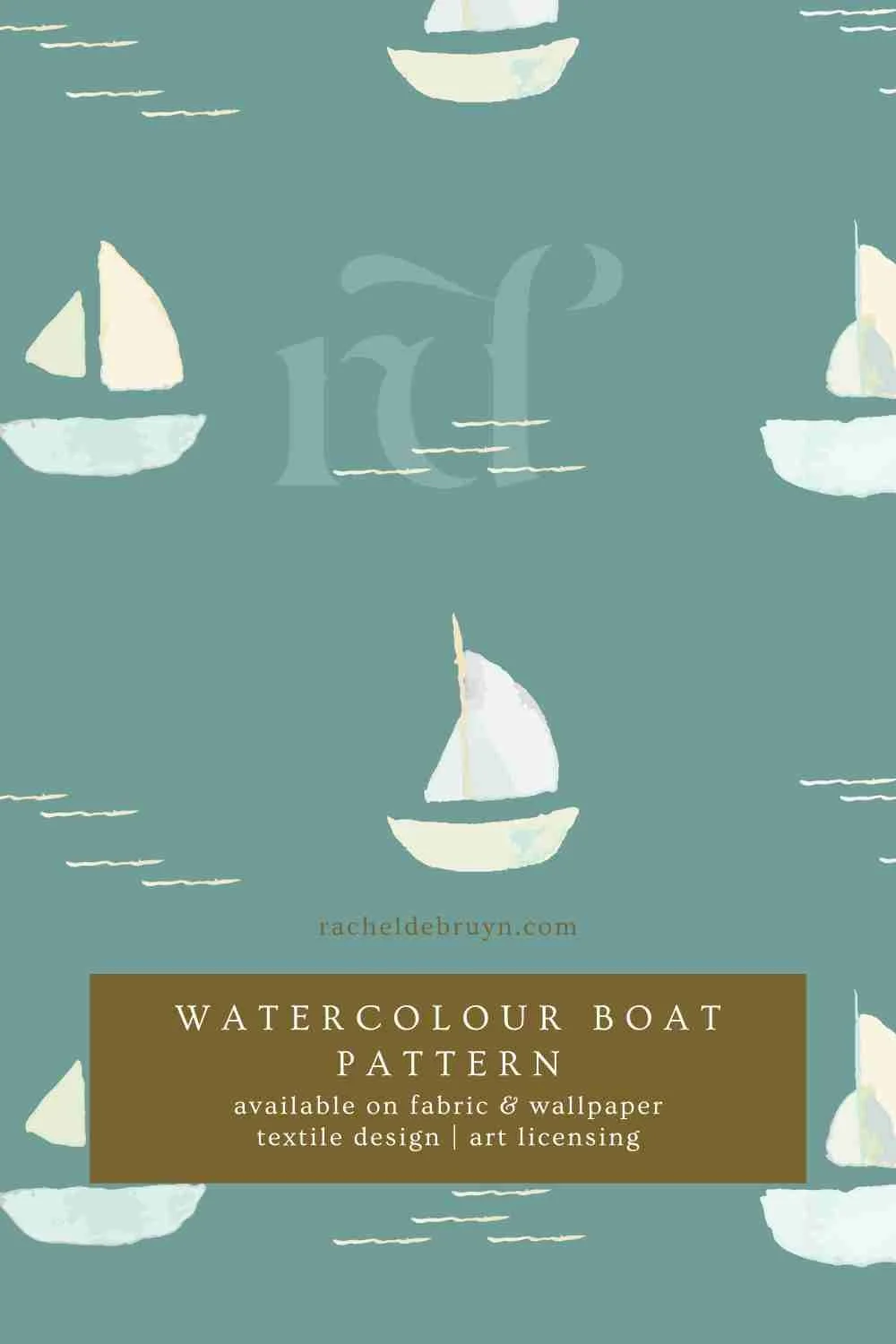 Watercolor pattern featuring sailboats on a teal background with white sails and small waves, advertisement for fabric and wallpaper designs.
