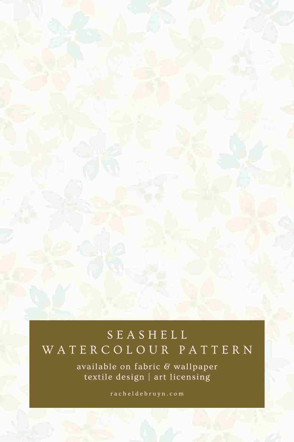 Seashell watercolor pattern on fabric and wallpaper with text about available textile designs and art licensing.