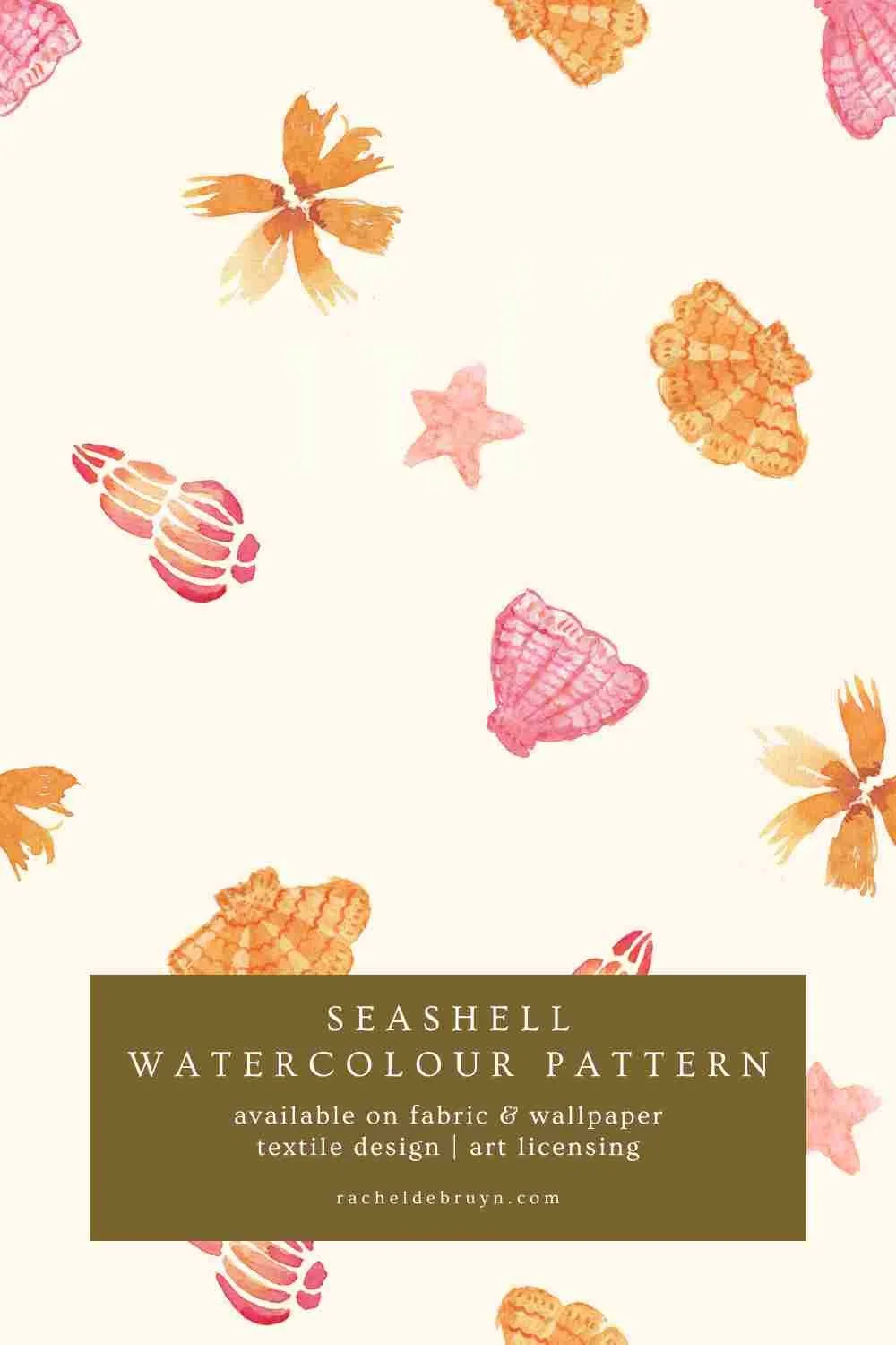 Watercolour seashell pattern in warm peach and coral tones on a soft cream background in a seamless coastal repeat