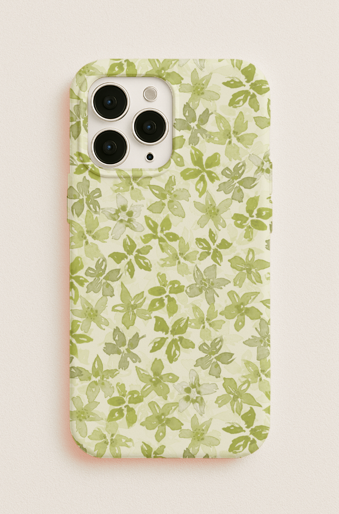 Phone case featuring a dense sage green watercolour floral pattern with layered petals and soft botanical tones. Floral surface design displayed on tech accessories.