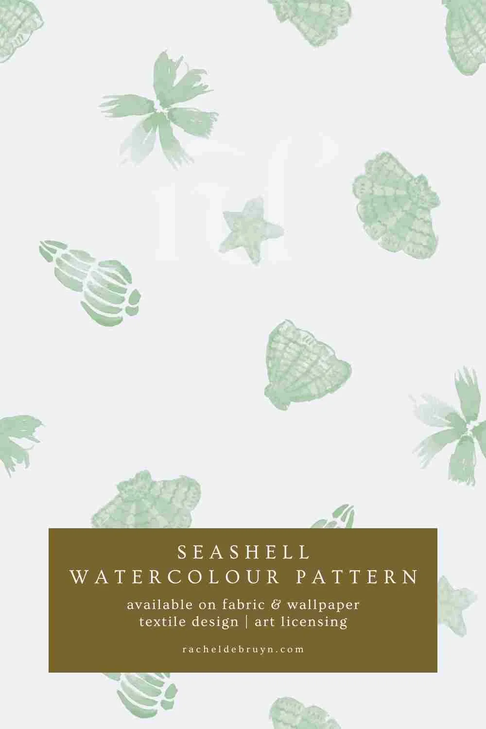 Watercolour seashell pattern in soft sage and fresh green tones on a light background, coastal botanical style