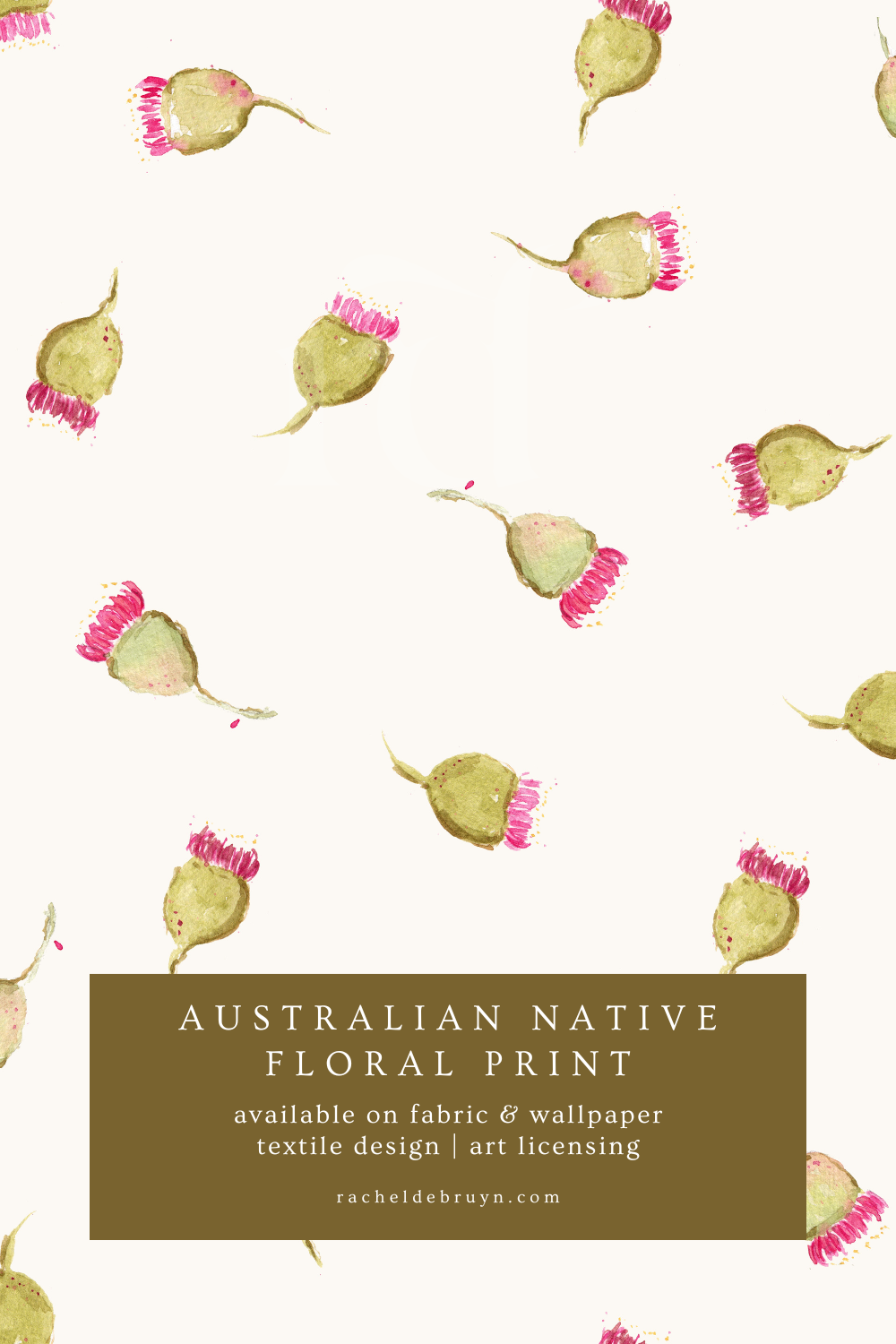 A soft watercolour Australian native gumnut floral pattern for fabric, wallpaper, stationery, packaging, kids’ products, home décor, branding, and art licensing