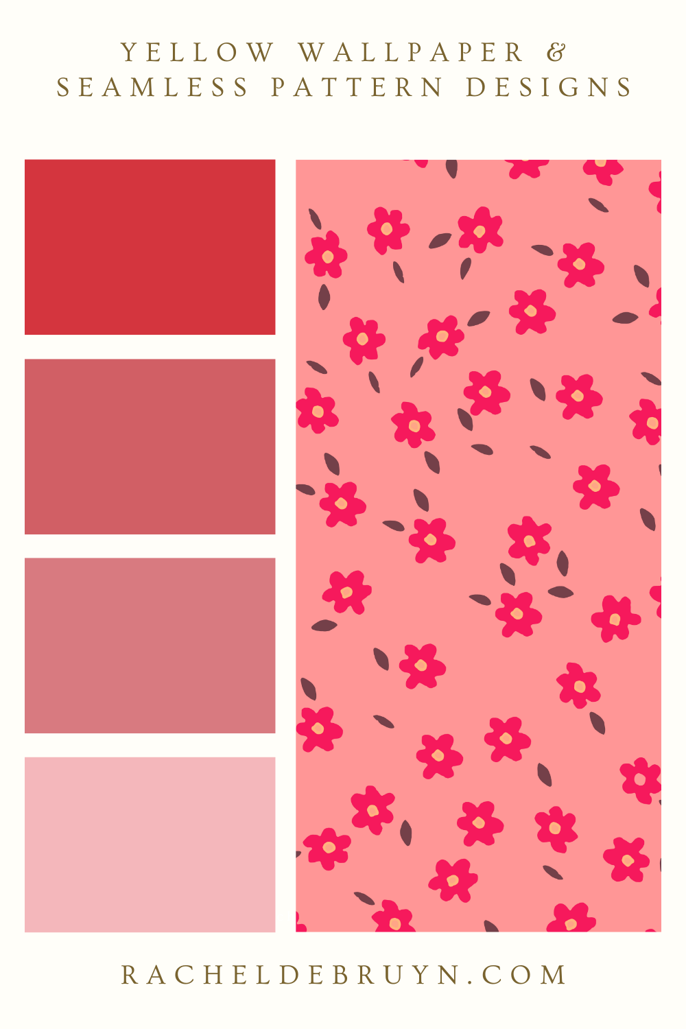 Color swatches of yellow, red, mauve, pink, and a floral pattern with red flowers and black leaves on pink background.
