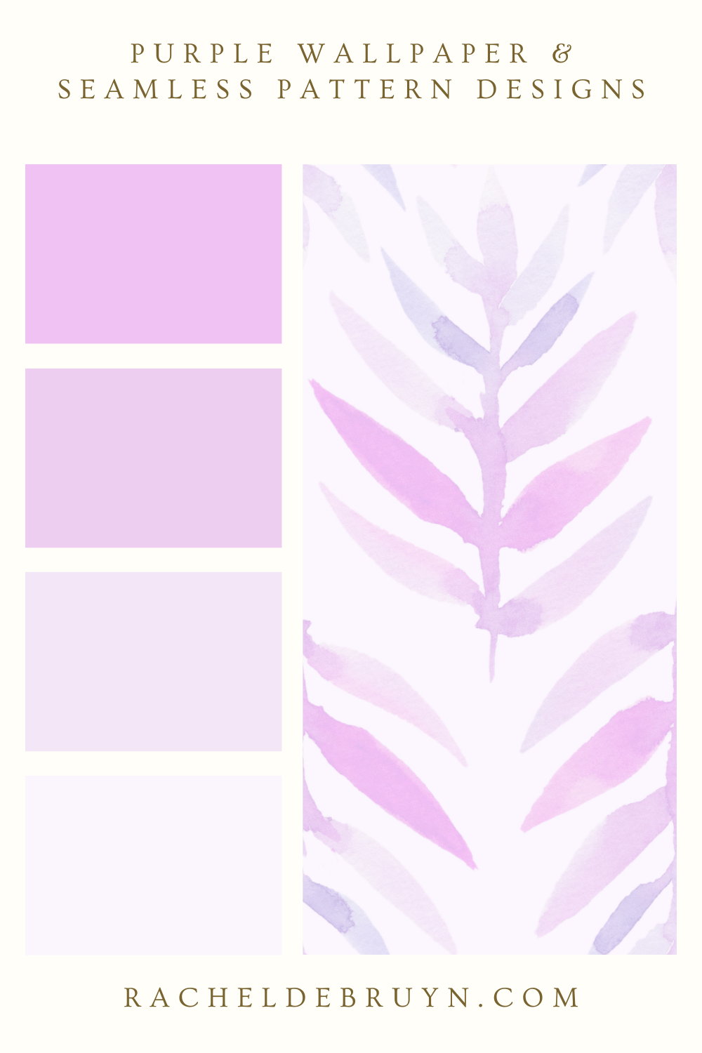 A promotional image for purple wallpaper and seamless pattern designs featuring watercolor purple leaves and squares.