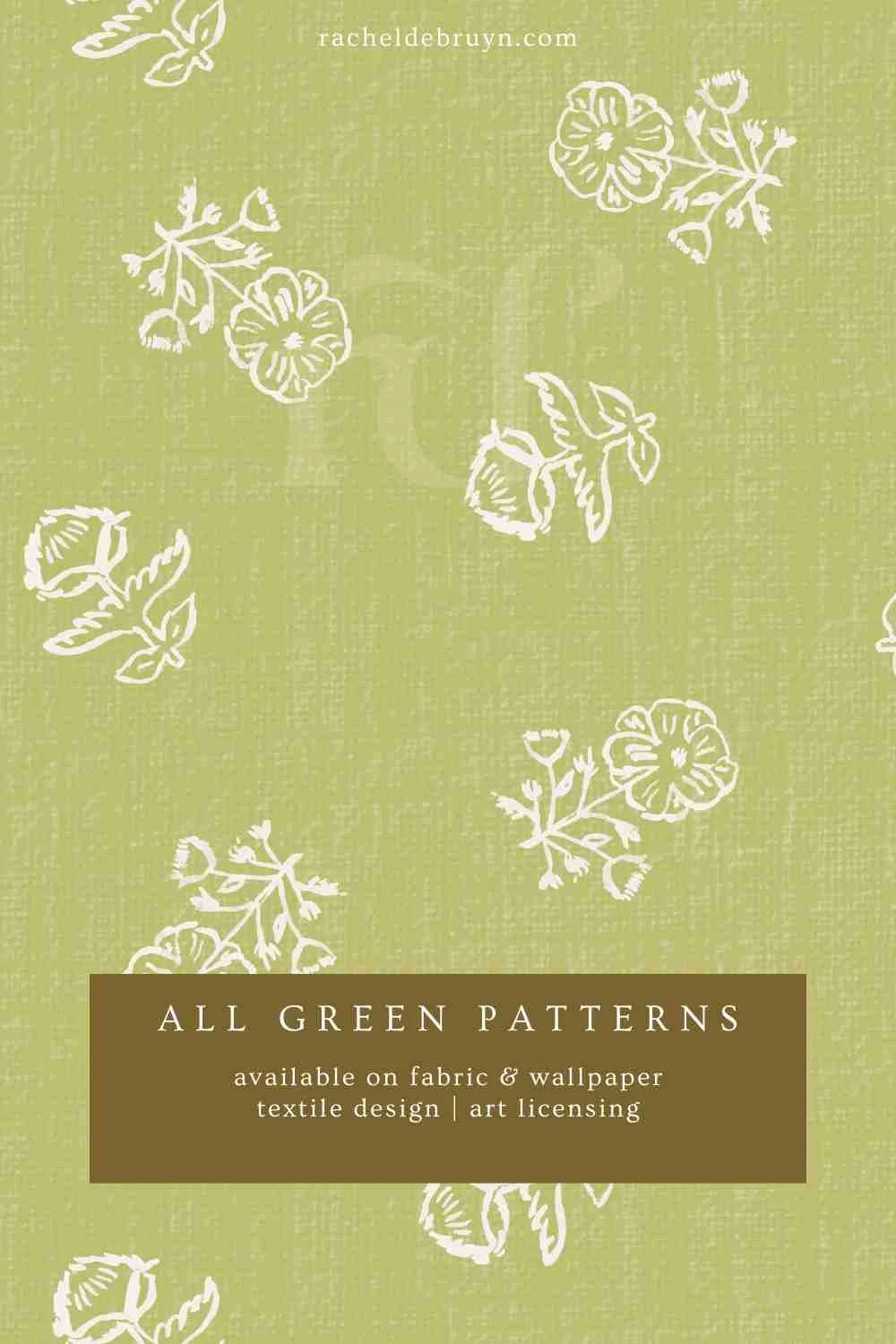 All Green Designs, with an example pattern of sage green block print flowers