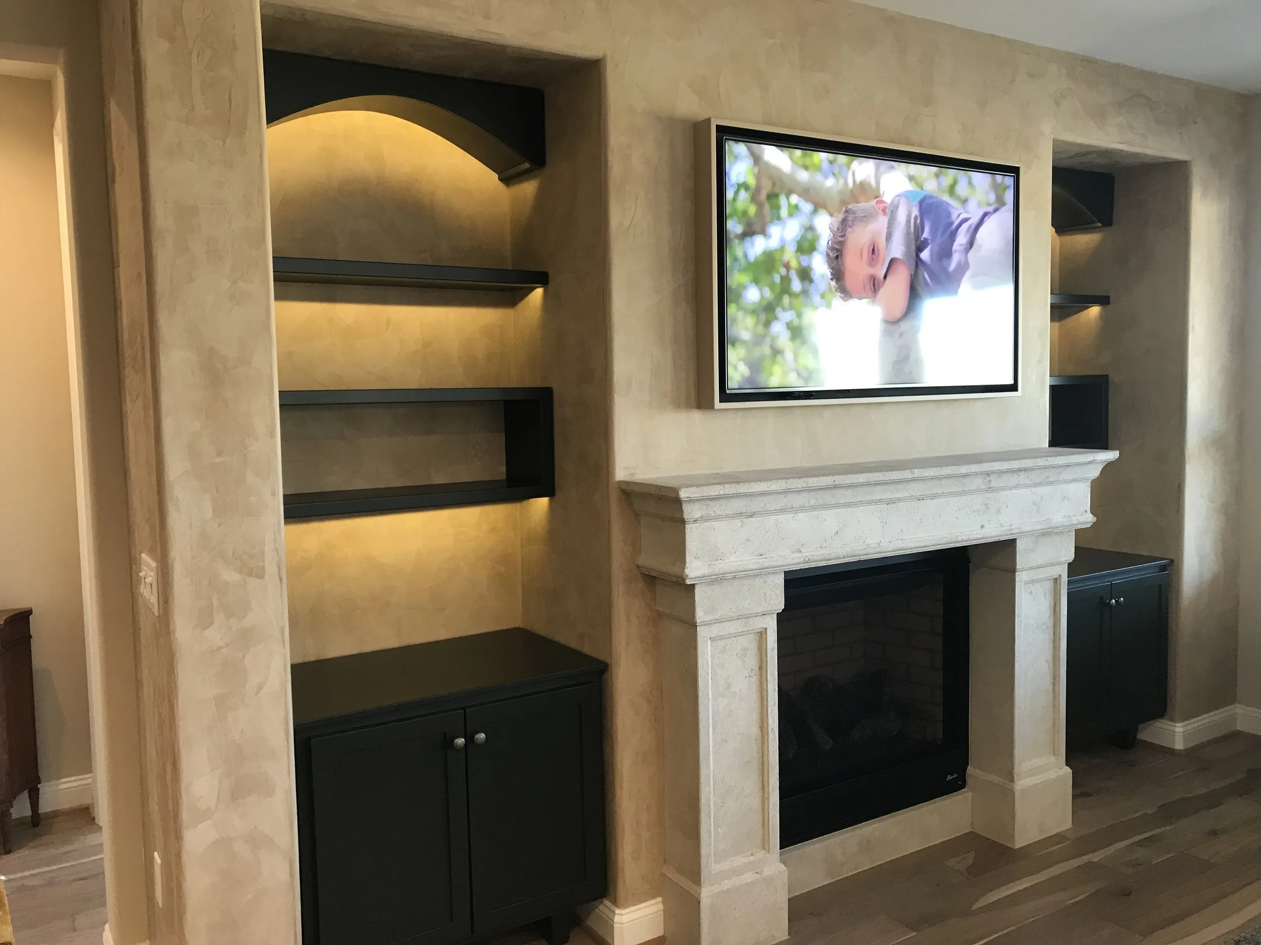 Design and build of custom cabinet/shelves with Venetian plaster