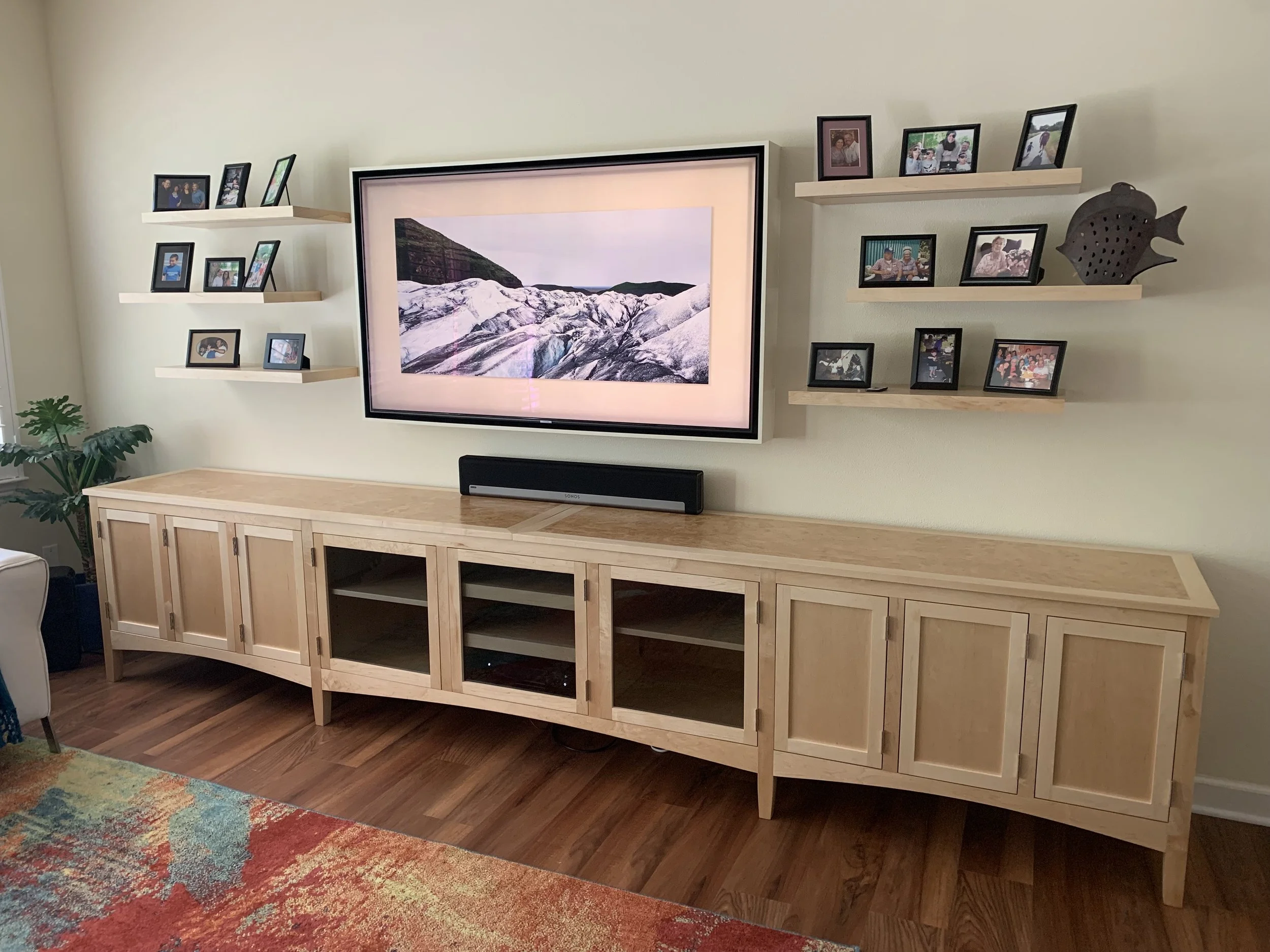 Custom design and build of maple media cabinet with curly maple veneer