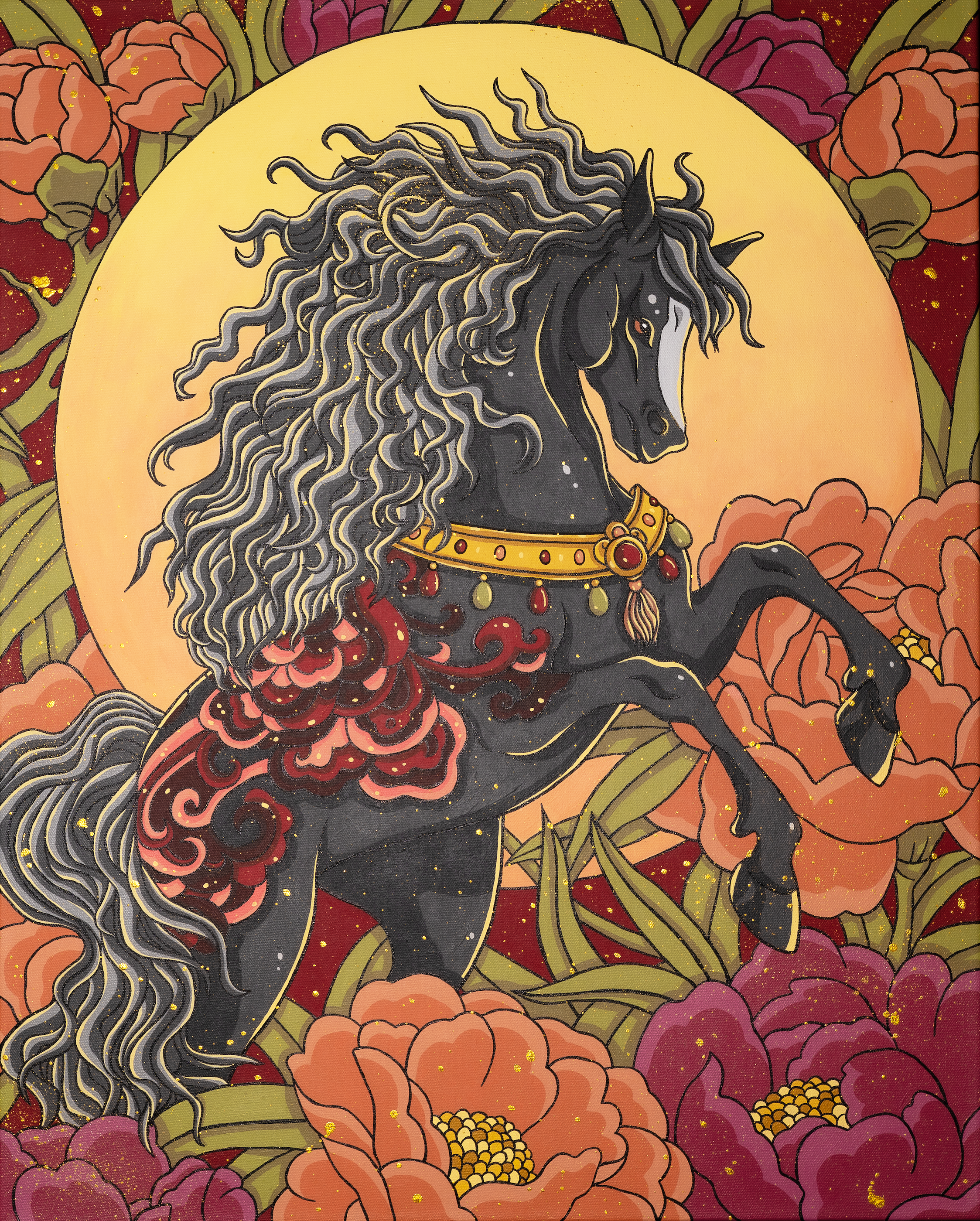 A stylized illustration of a black horse with gray mane, wearing a gold collar with red and green gemstones, set against a large, glowing yellow moon surrounded by pink and purple flowers with green leaves and golden accents.