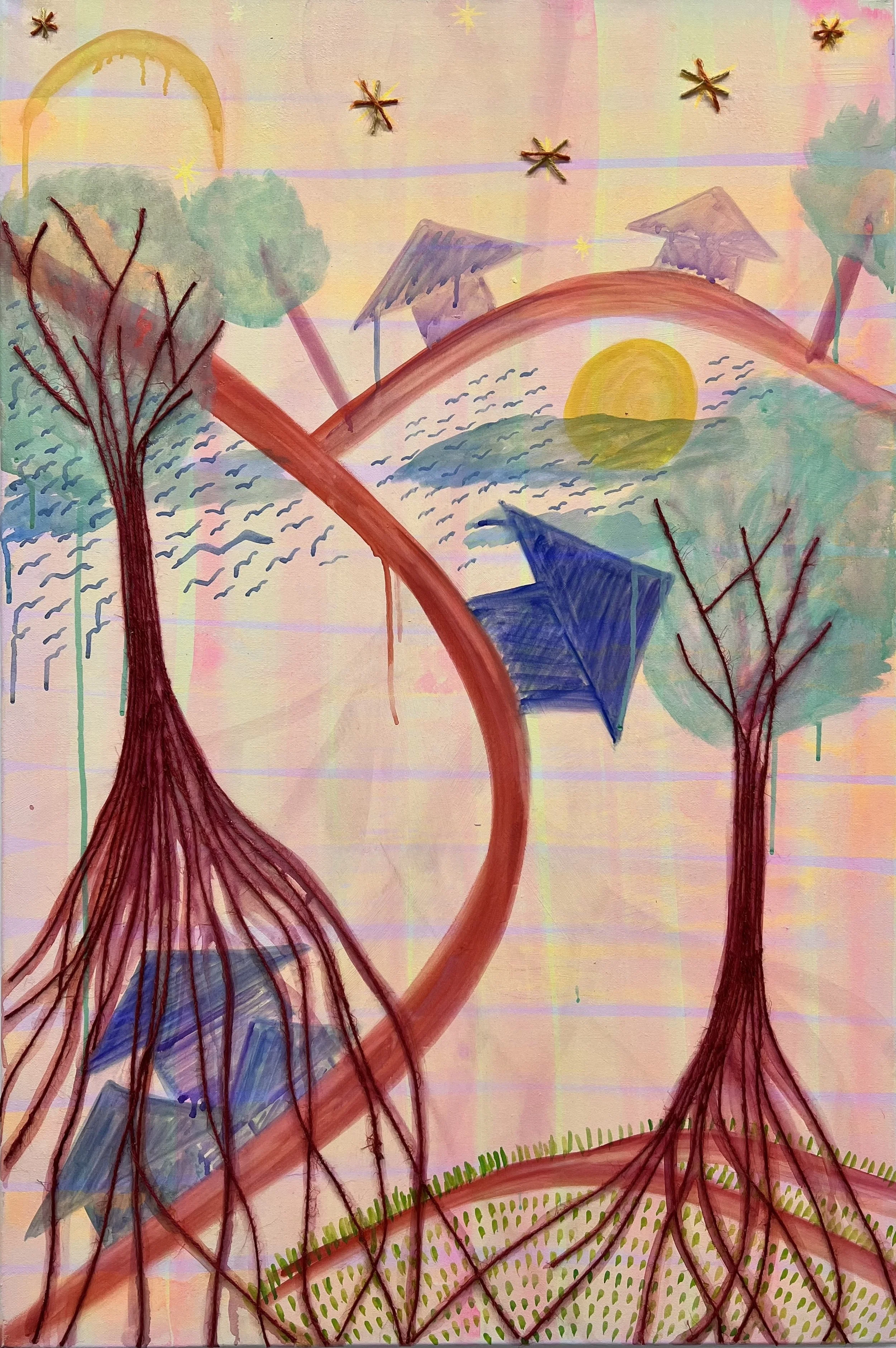 As Above, Carried by the Roots
Acrylic, watercolor, and jute thread on canvas
36 x 24 inches