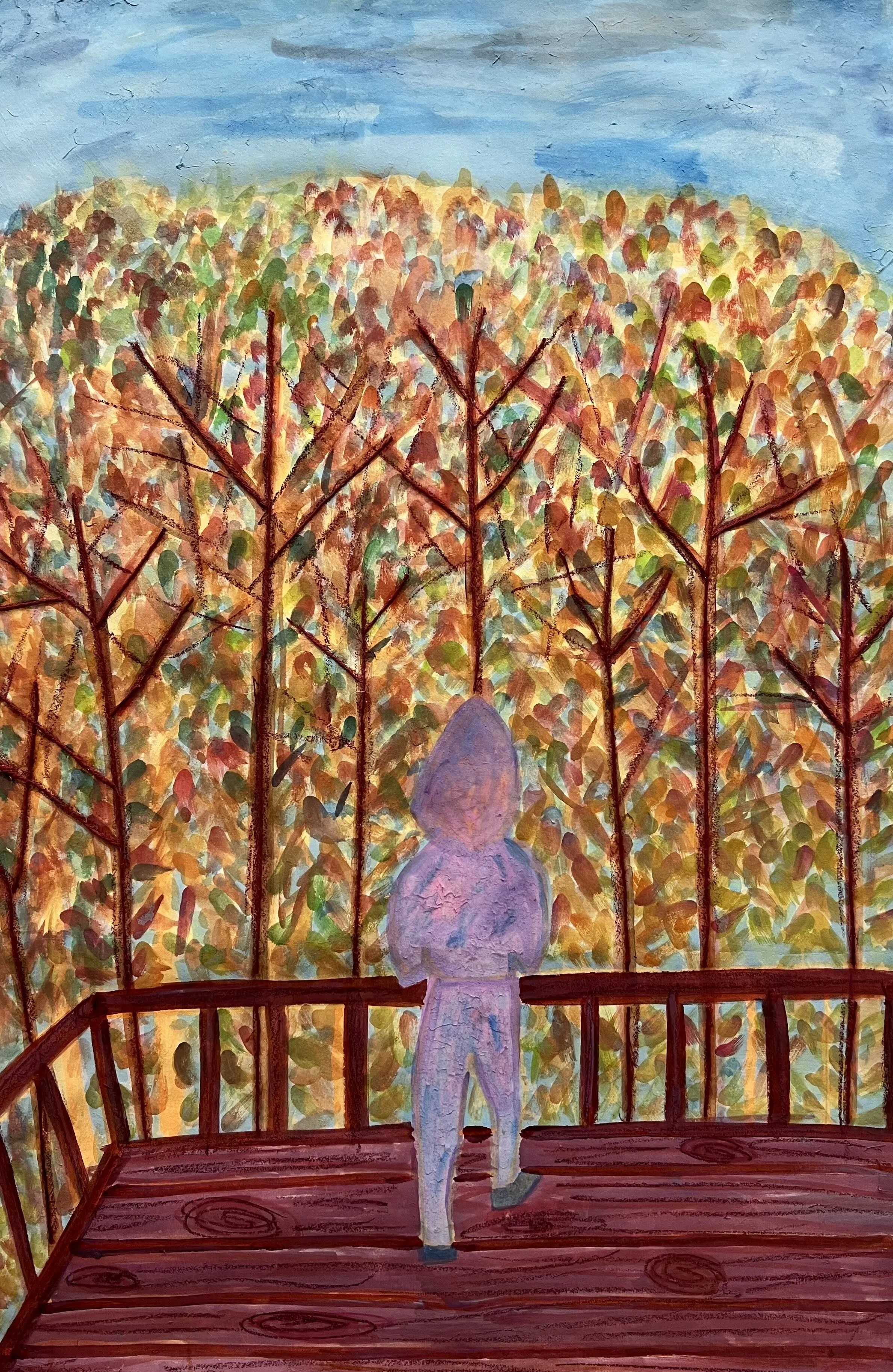 Standing with the Forest,
Acrylic, watercolor, oil pastel, and jute thread on hanji paper
36.5 x 24.5 inches