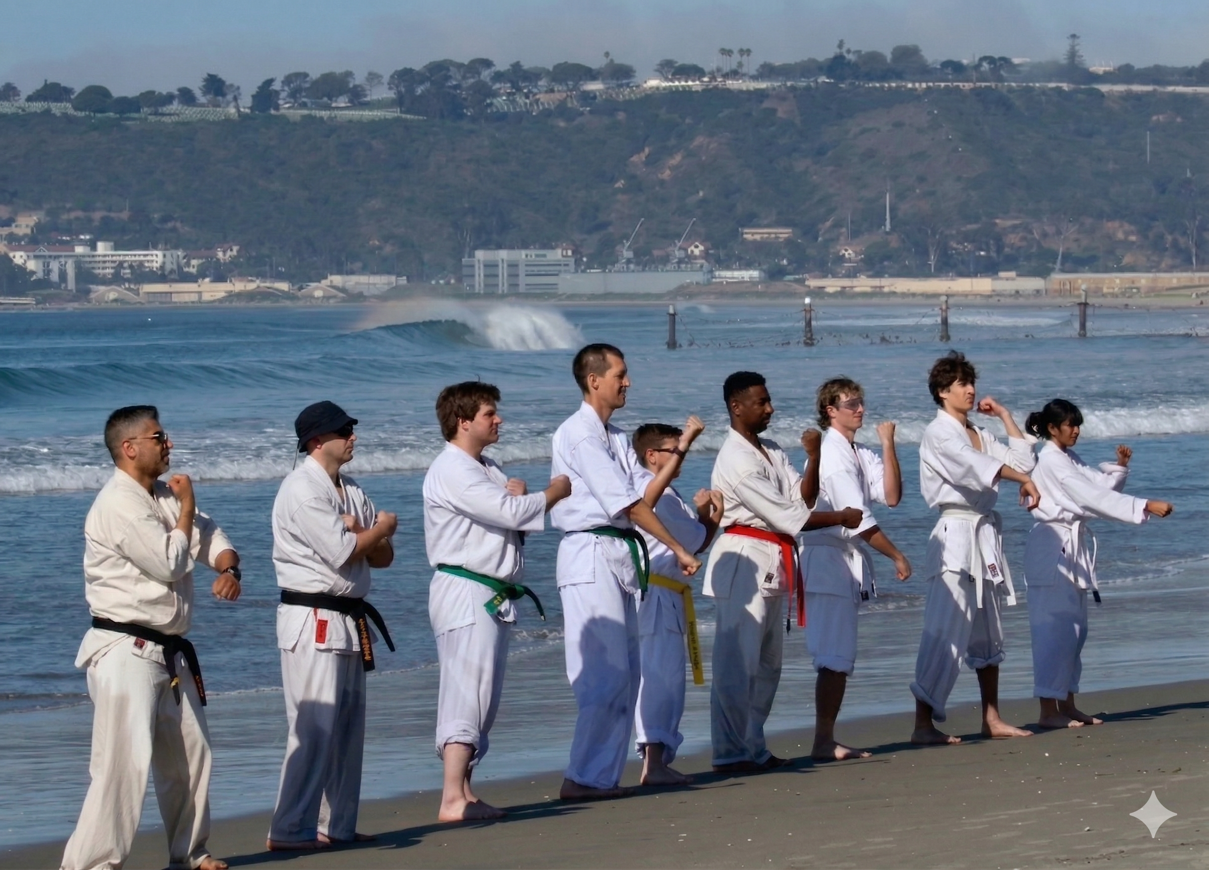 Beach training Kihon basics with wave cresting