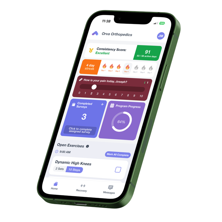 Orva patient app showing exercise adherence, pain tracking, completed surveys and recovery progress