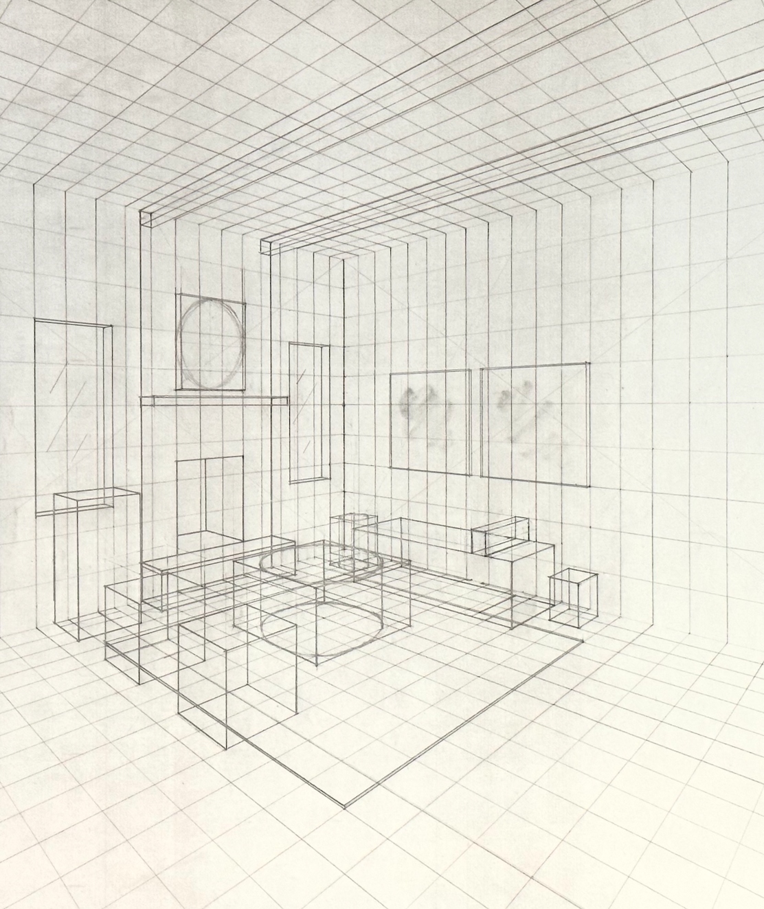 Sketch of a modern living room with wireframe furniture, a tall window, and wall art.