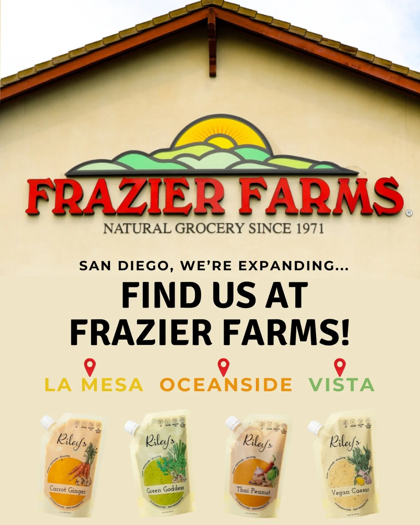 Big news!! Riley&rsquo;s is now on shelves at all 3 Frazier Farms locations 🥗✨
Thank you @frazierfarmsmarket for believing in us - we&rsquo;re so excited for your customers to try Riley&rsquo;s 💚