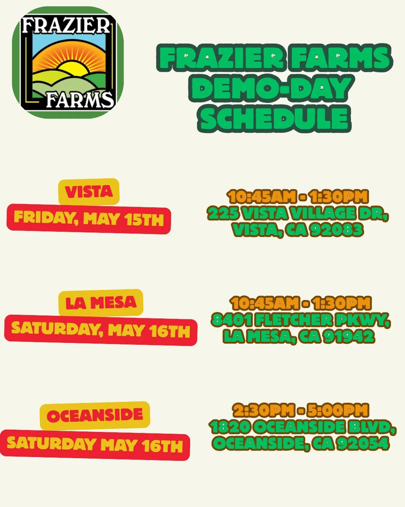 IT&rsquo;S A FRAZIER FARMS WEEKEND 💚✨

We&rsquo;ll be doing demos at ALL 3 Frazier Farms locations this weekend! Come say hi, sample all the flavors, and stock up while you&rsquo;re there 🫶 can&rsquo;t wait to see everyone!! 

📍Vista
📍La Mesa
📍O