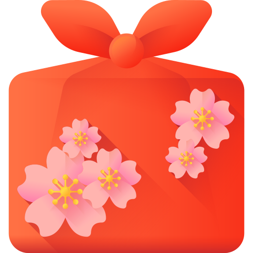 Illustration of a red bento box with a tied cloth wrapping, decorated with pink cherry blossom flowers.