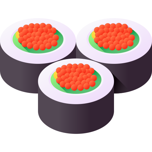 Illustration of three sushi rolls topped with red roe and surrounded by green avocado or cucumber filling.